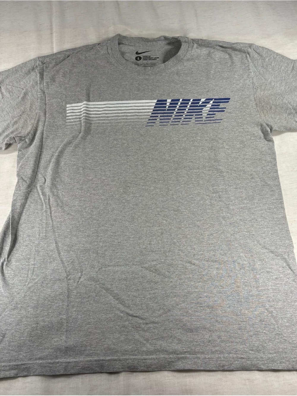 Nike Gray Short Sleeve Tee with Blue Striped Logo